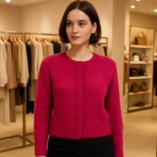 Vintage 1950s Mohair Hand Knit Fuchsia Cardigan Cable Trim Button Front Medium