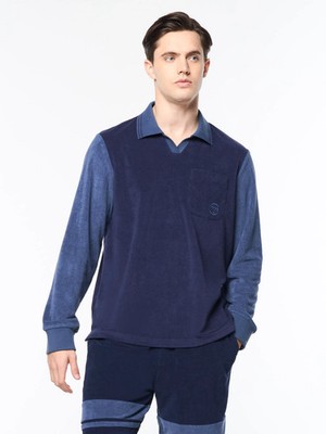 Sergio Tacchini Long Sleeve Polo Shirt Alvar Terry Mens Large Blue Cabana New