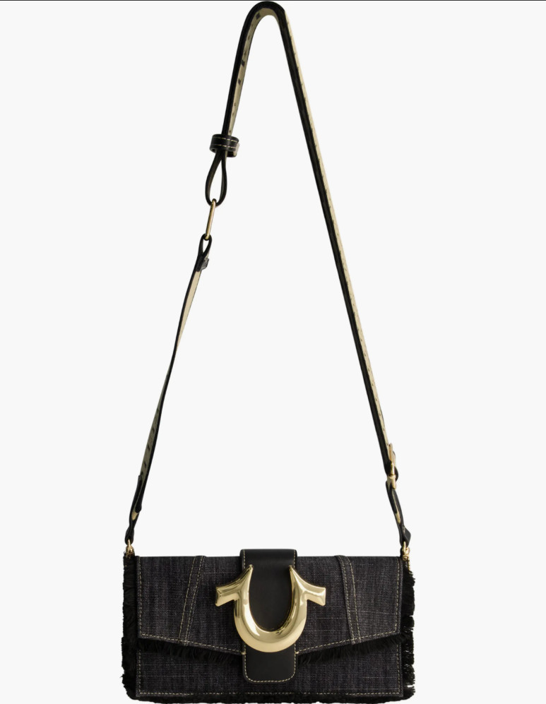 TRUE RELIGION Frayed Black Denim Flap Crossbody Handbag Gold Horseshoe Logo NWOT
