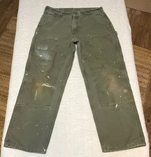 y2k Carhartt Double Knee Distressed paint pants b136 MOS green 32x30