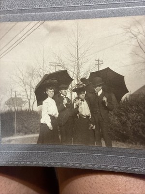 Antique 1900s Photo Group with Umbrellas Edwardian Fashion Mat Framed Snapshot