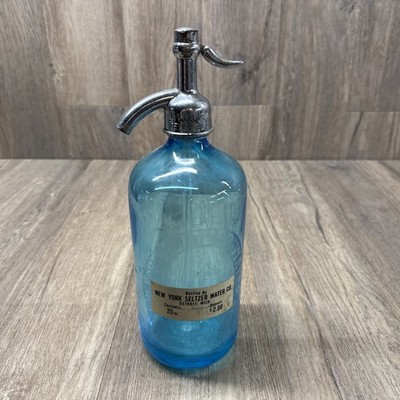 Vintage Blue Glass Seltzer Bottle with Metal Siphon - Detroit MI