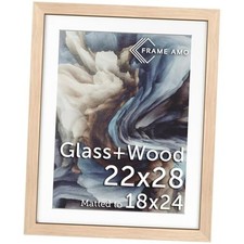Solid Wood Poster Frame White Mat for 18x24 Image, Tempered 22x28 Natural