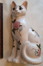 14" High Ceramic Cat with Hand Painted Flowers by Norleans, Japan