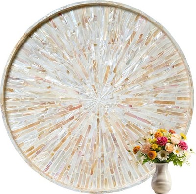 22'' Extra Large Round Mother of Pearl Ottoman Tray with Raised Edge Costal Shell