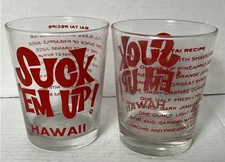 2 Vintage SUCK ‘EM UP HAWAII 14oz Rocks Mai Tai Bar Glass Set 1970s LIBBEY