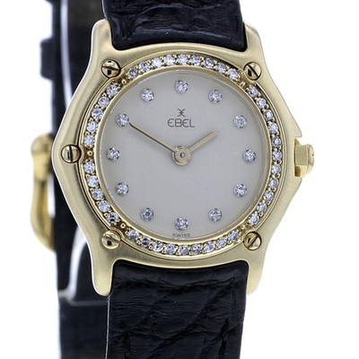 Ebel Classic Wave Damenuhr, Gelbgold 750/-, 54 Diamanten, Krokoleder