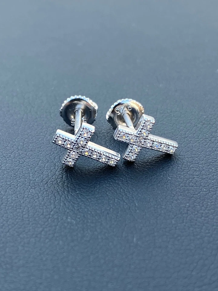 Pendientes cruzados de diamantes simulados de plata de ley 925 real para hombre y mujer Foto 3 de 4