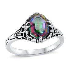 CLASSIC STYLE MYSTIC QUARTZ 925 STERLING SILVER SOLITAIRE FILIGREE RING     439X