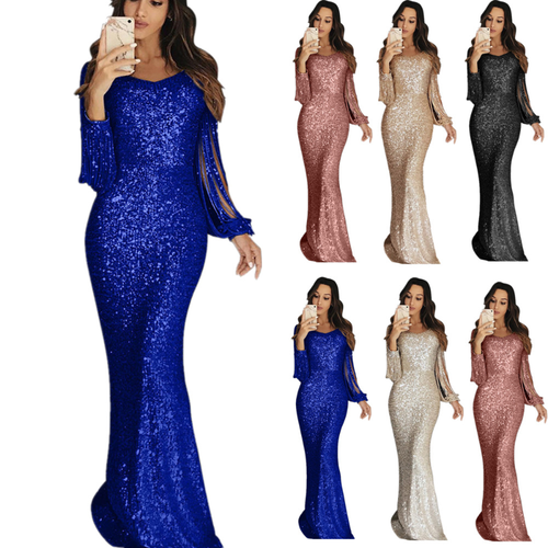 Women's Elegant Sequined Maxi Dress Long Sleeve Formal Party Evening Dress Gown - Picture 2 of 29