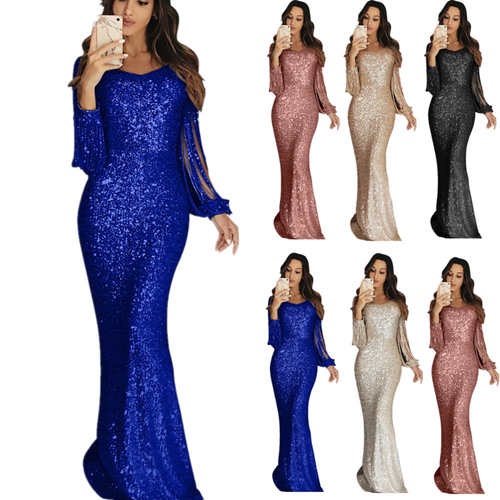 Women Long Sleeve Sequin Tasseled Dinner Dress Formal Party Long Evening Dresses - Picture 1 of 17