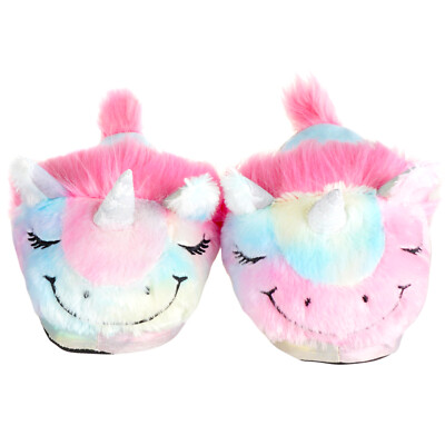 Plüsch Einhorn Hausschuhe mit Glitzerhorn | Regenbogen Einhorn Pantoffeln