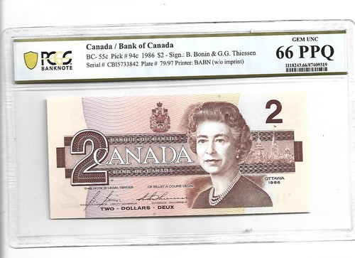 Canada/Bank of Canada Pick#94C 1986 2 Dollars PCGS 66 PPQ