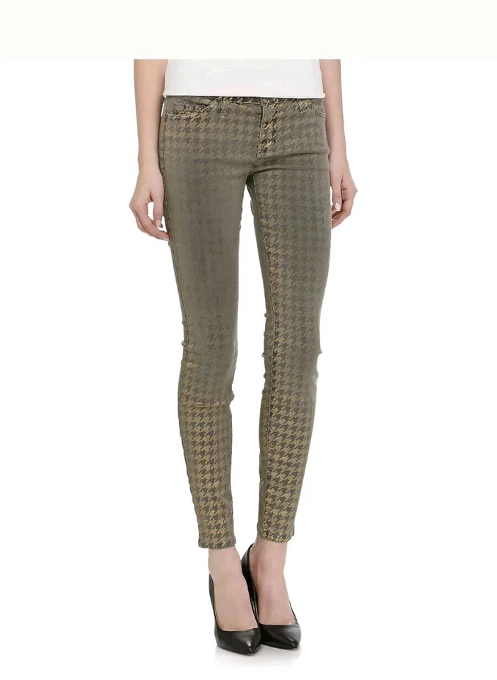 Pantalones de mezclilla CURRENT ELLIOTT $228 ajustados al tobillo negro lámina dorada pata de gallo W 27 Reino Unido 8-10 Foto 2 de 4