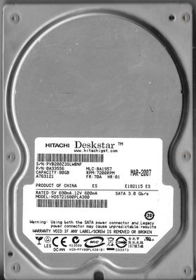 HITACHI HDS721680PLA380 80GB SATA HARD DRIVE P/N: 0A33556 MLC: BA1957 FR: 70A