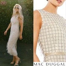 Mac Duggal 5471 Sleeveless Beaded High Neck Midi Sheath Dress Size 6 Nude Silver