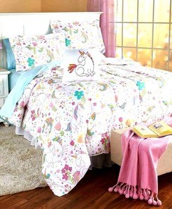 4 Pc Full Queen Unicorn Comforter Shams Accent Pillow Bright Set