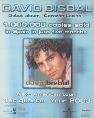 HFBK35 PICTURE/ADVERT 13X11 DAVID BISBAL : CORAZON LATINO ALBUM