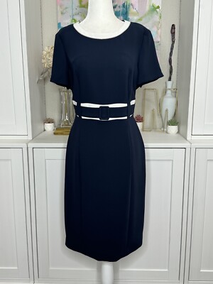 Madeleine Navy Sheath Dress NWT Short Sleeve Faux Buckle Back Zip Size 10