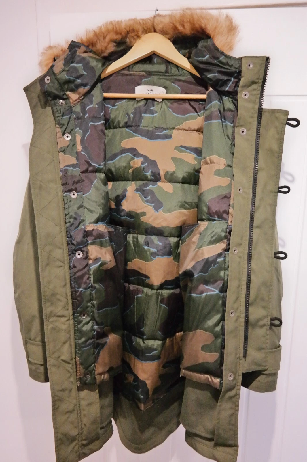 Splendido COACH Parka oliva da uomo 2 in 1 con pelliccia vera palude UK M F33815