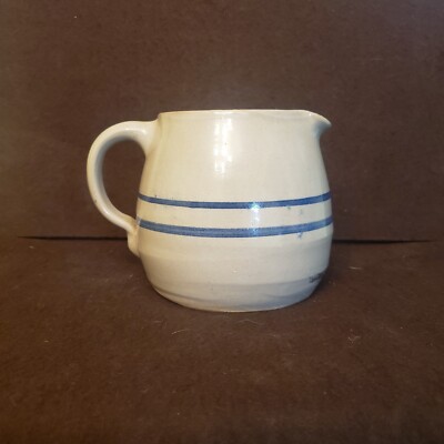 Unmarked Vintage Handmade Small Blue Stripe Pottery Jug Pitcher Farmhouse