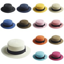 Kid Girls Flat Top Boater Hat Children Summer Beach Bowler Sun Cap UV Protection