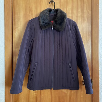 ESPRIT Outerwear Quilted Coat Lined Full Zip Jacket Faux Fur Collar Brown Large