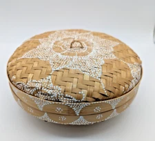 Large 10" wide Hand Painted Boho Style Covered Woven Basket w/Dot Design