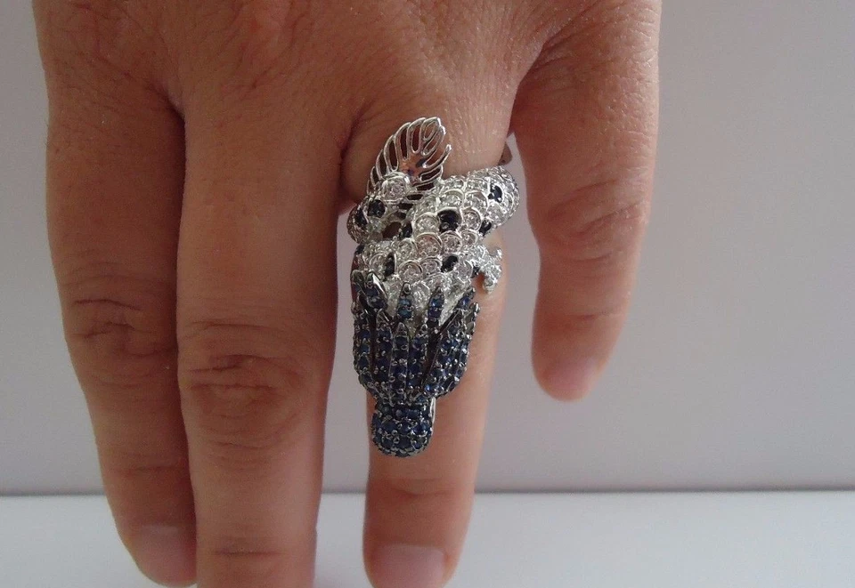 LARGE DRAGON RING 7.50 CT LAB SIMULATED DIAMONDS/RUBY/SAPPHIRE  STERLING SILVER - Image 3 of 4