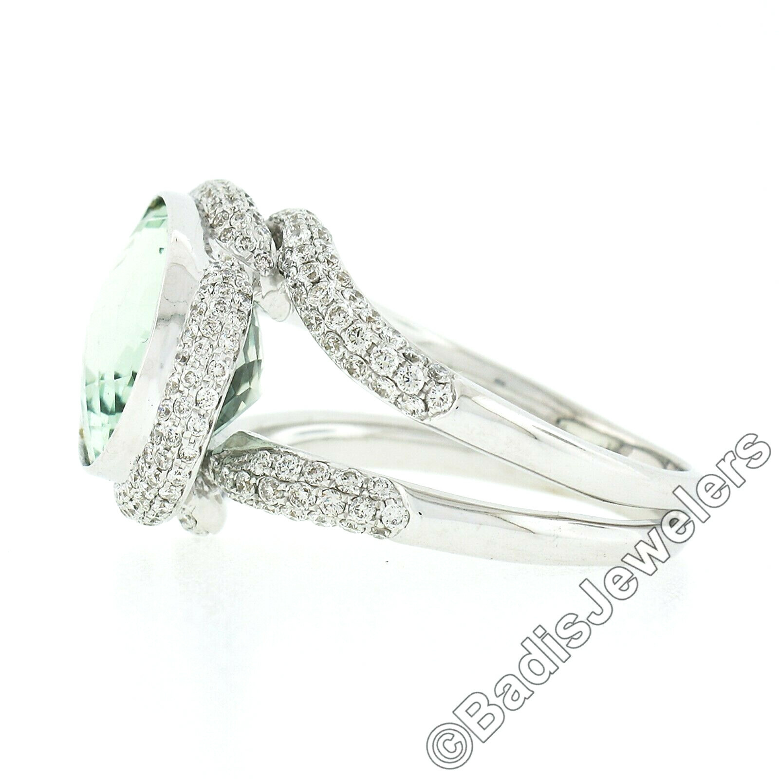 18K White Gold Oval Bezel Prasiolite Quartz & Pav… - image 7