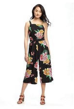 Old Navy Linen-blend Floral Black Jumpsuit Medium Wide Leg Crop Vacation Travel