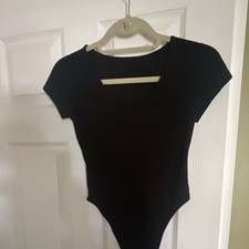 Women  s Black Solid Short Sleeve Bodysuit One-Piece, Size S Regular
