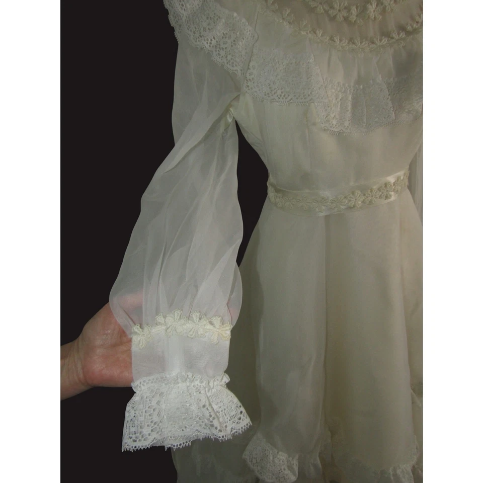 Vintage Wedding Gown Boho High Neck  Chiffon Ruffles Lace - Image 3 of 4