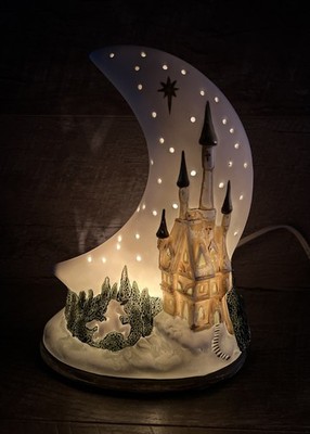 Vintage 1993 Ceramic Moon & Star Lamp w/ Unicorns Moon Night Light -Works GREAT!