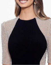 Xscape Caviar Beaded Mesh Short Sleeve Crew Neck Jersey Sheath Gown Sz 14P
