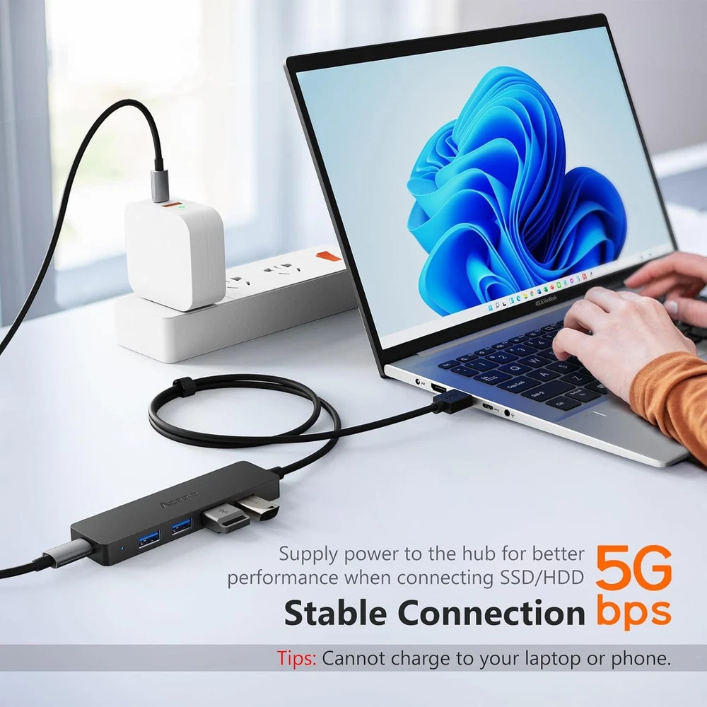 Aceele 4-Port USB 3.0 Hub with 4ft Extension Cable 4A Power Adapter Black 3-120cm