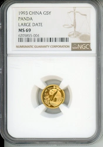 1993 LARGE DATE LD 5Y 5 YUAN GOLD PANDA 1/20 Oz. NGC MS69 CHINA G5Y 5-Yn SCARCE