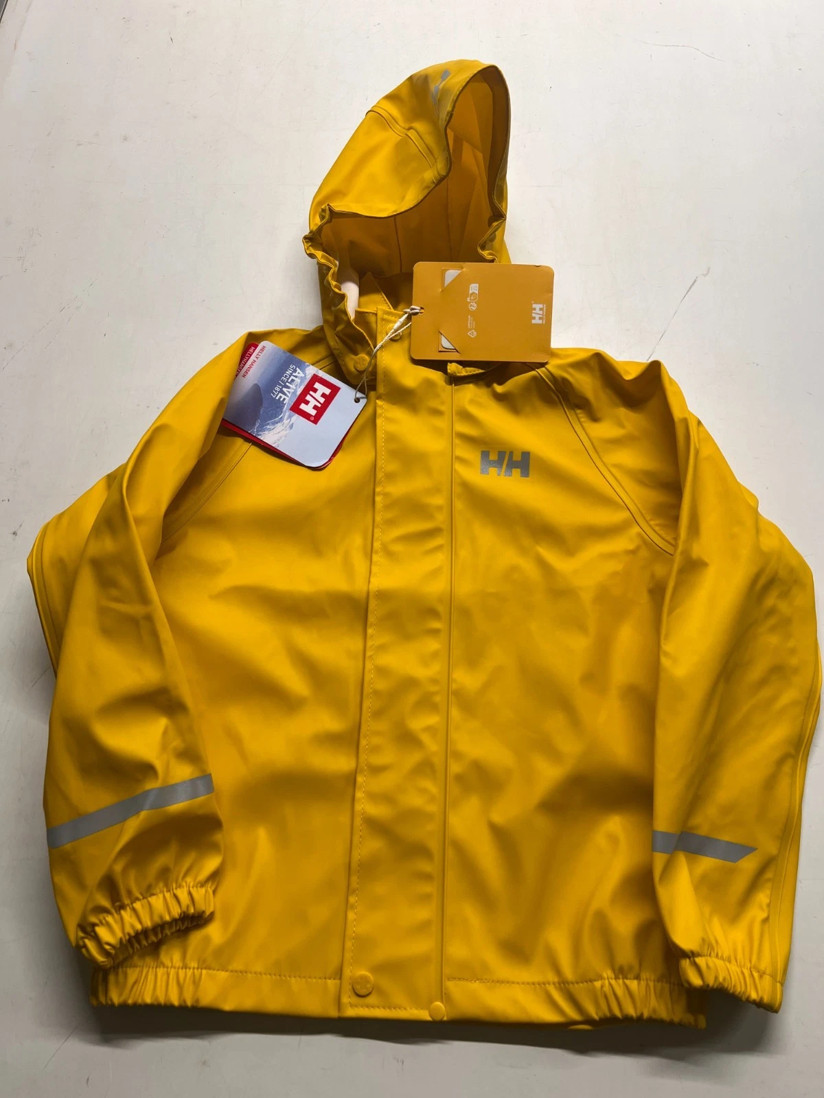 BNWT Helly Hansen Bergen 2.0 Rain Jacket Yellow Full zip Waterproof Kids Sz 8