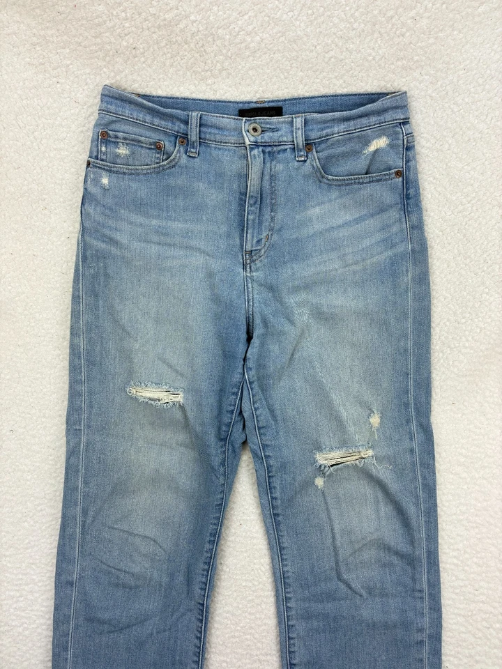 Pantalones de mezclilla para mujer Uniqlo 26 tiro alto novio recto azul claro dobladillo desgastado Foto 2 de 4