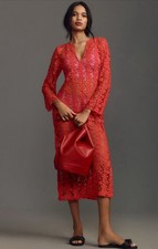 Anthropologie Kaftan Women Red 3D Floral Embroidery Beach Vacay Dress Medium NWT