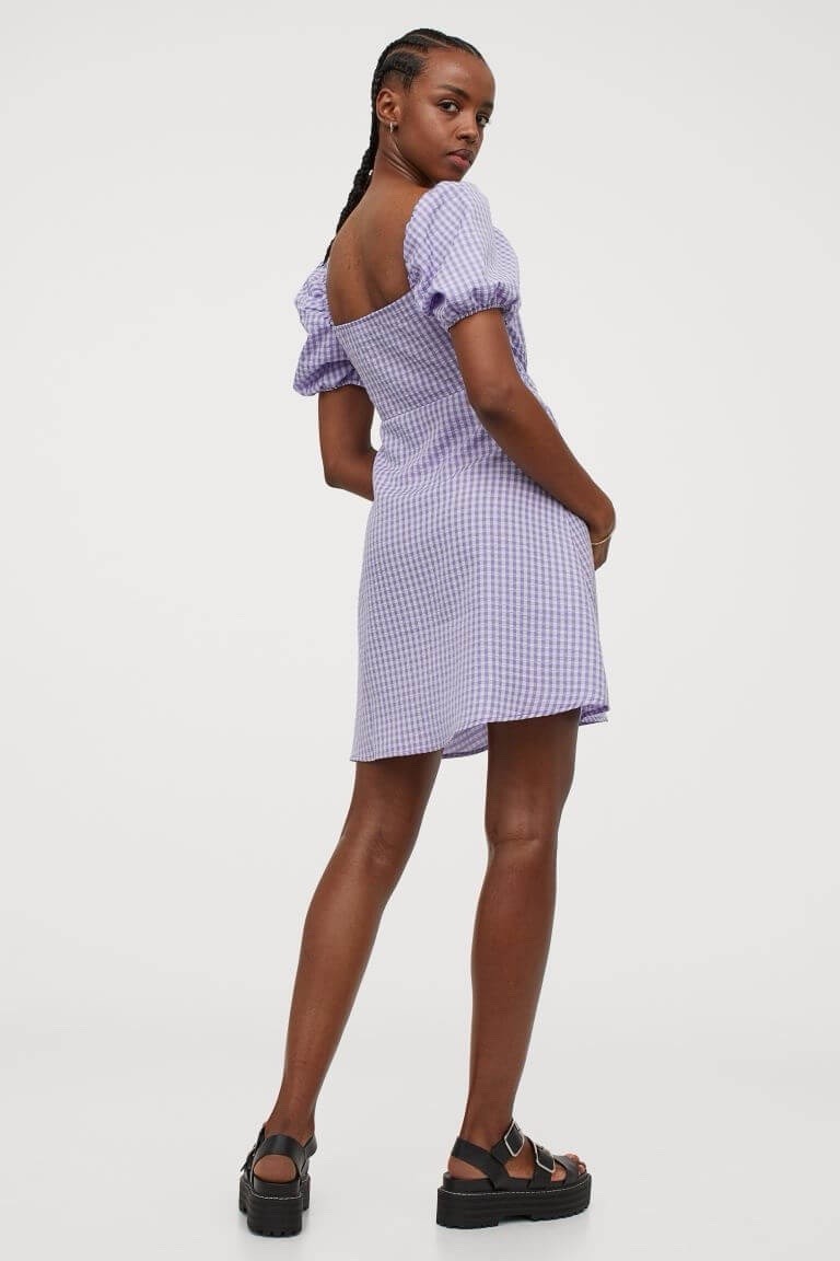 h&m purple gingham dress H&M Women's Purple-White Gingham Tie-Front Cutout Puff-Sleeve Mini Dress SZ XS