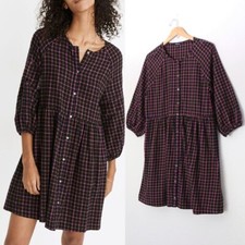 Madewell Plaid Flannel Raglan Button-Front Shirtdress Size 4 $108 Black Pink