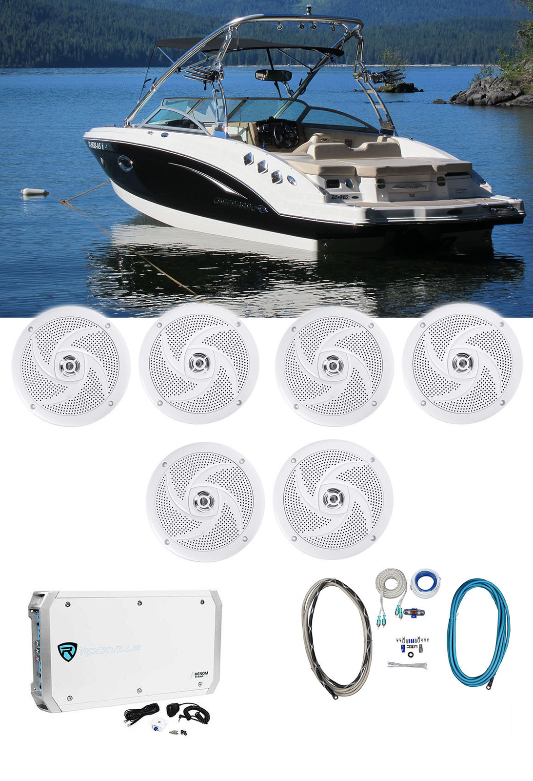 6 Водонепроницаемых тонких динамиков Rockville RSM65W 65 для морских лодок 6-канальный усилитель 52490₽