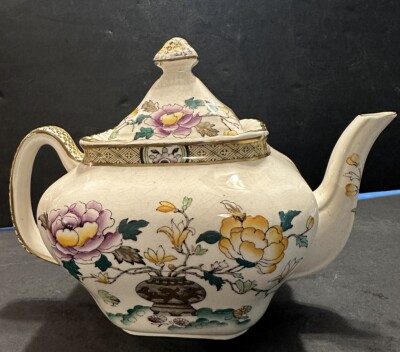 Antique Mason's Chinese Peony Large Rectangular Teapot 4 1/2'' Tall 4 C Mint 1919