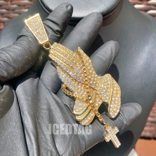 Luxury Hip Hop Style Iced Bling Out Lab Diamond Large Cross Praying Hand Pendant - Bild 2 von 9