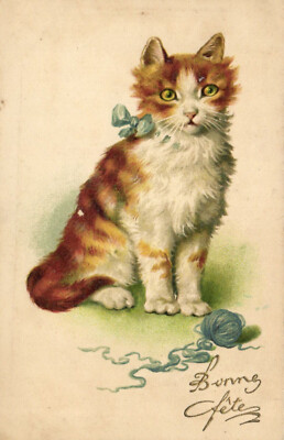 PC KATZEN, BONNE FÉTE, ROTE KATZE, Vintage Prägepostkarte (b46947)
