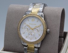 New Authentic Michael Kors Tibby Silver Gold Crystals Chrono Women MK6825 Watch