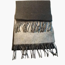 Alashan Reversible Wool Scarf Fringe Black Gray Merino Cashmere