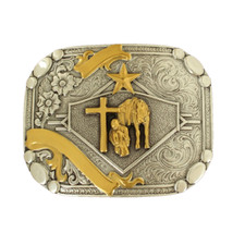 Nocona Mens Silver  Gold Praying Cowboy Ribbon Belt Buckle 37402