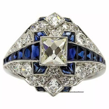 925 Silver Art Deco Antique Sapphire and French Cut White Zircon Engagement Ring